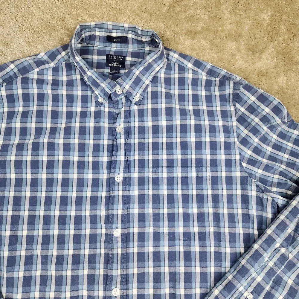 J Crew Shirt Mens L White Blue Plaid Check Flex Wash Button Up Slim A873